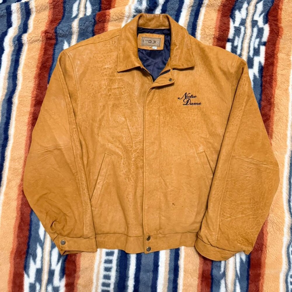Vintage Notre Dame Embroidered Leather Bomber Jacket Tan Utopia XL